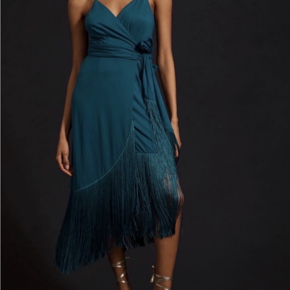 Hutch Teal Fringe Wrap Midi Dress